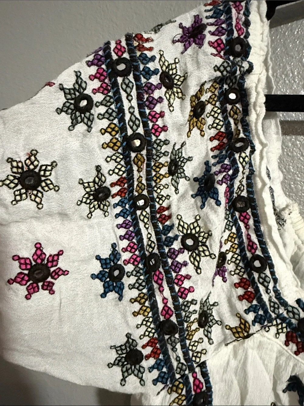 Free People White Embroidered Boho Scoop Neck Top